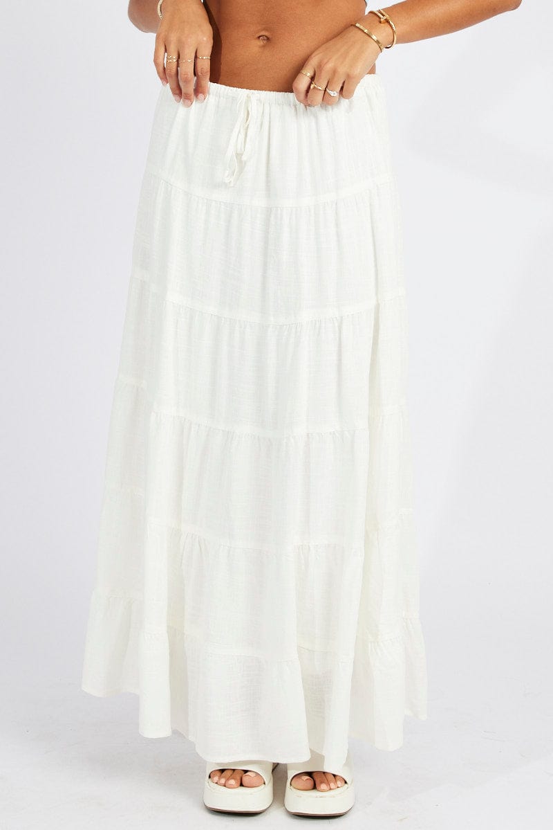 White Maxi Skirt Tiered High Rise Linen Blend for Ally Fashion