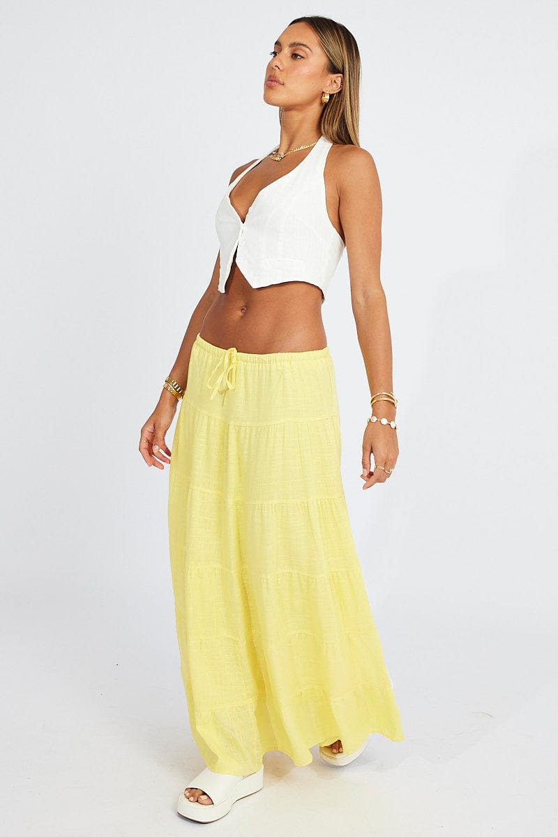 Yellow Maxi Skirt Tiered High Rise Linen Blend for Ally Fashion