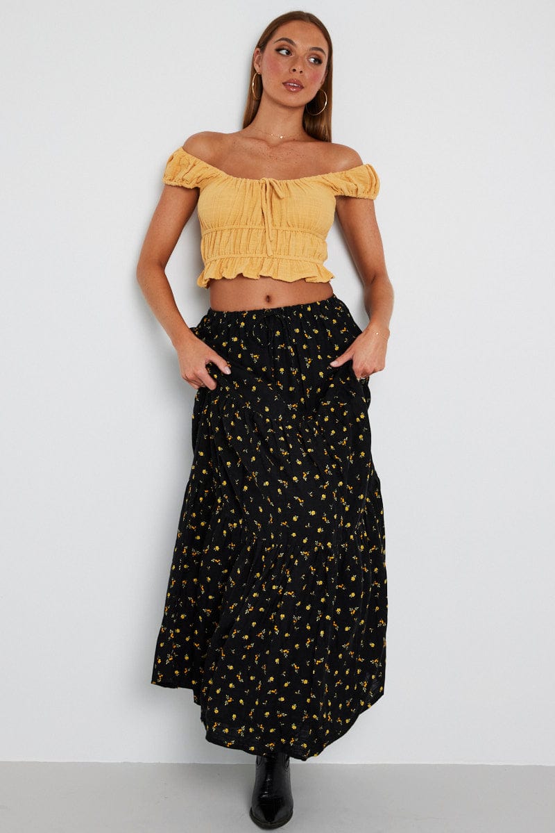 Black Floral Maxi Skirt Elasticated Waist for Ally Fashion