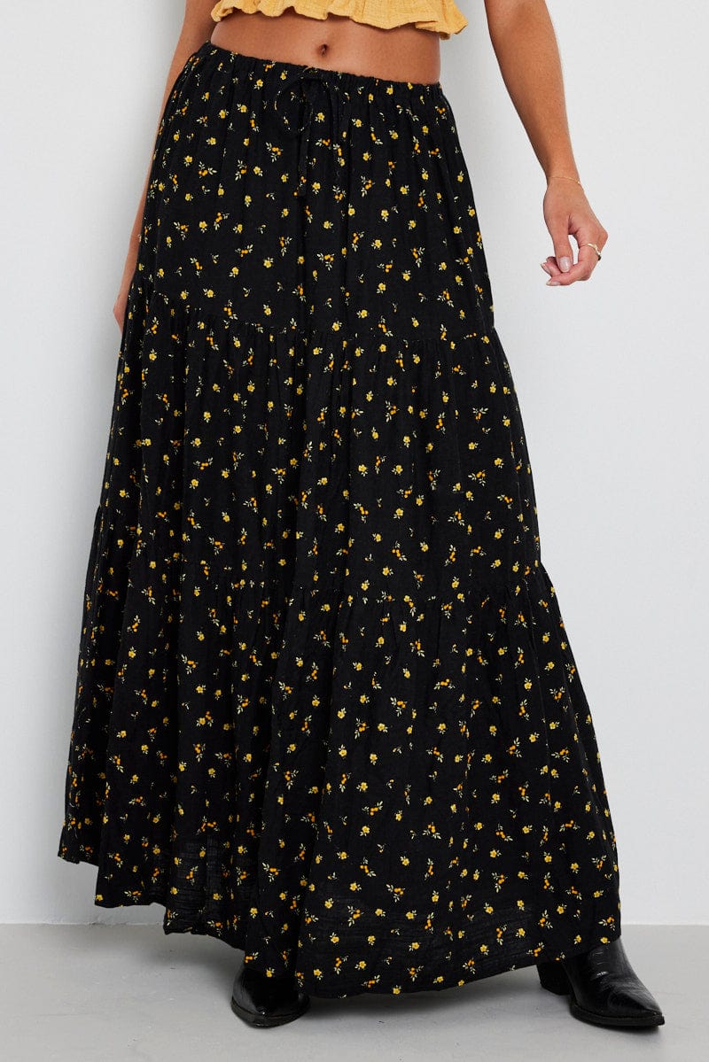 Black Floral Maxi Skirt Elasticated Waist Ally Fashion