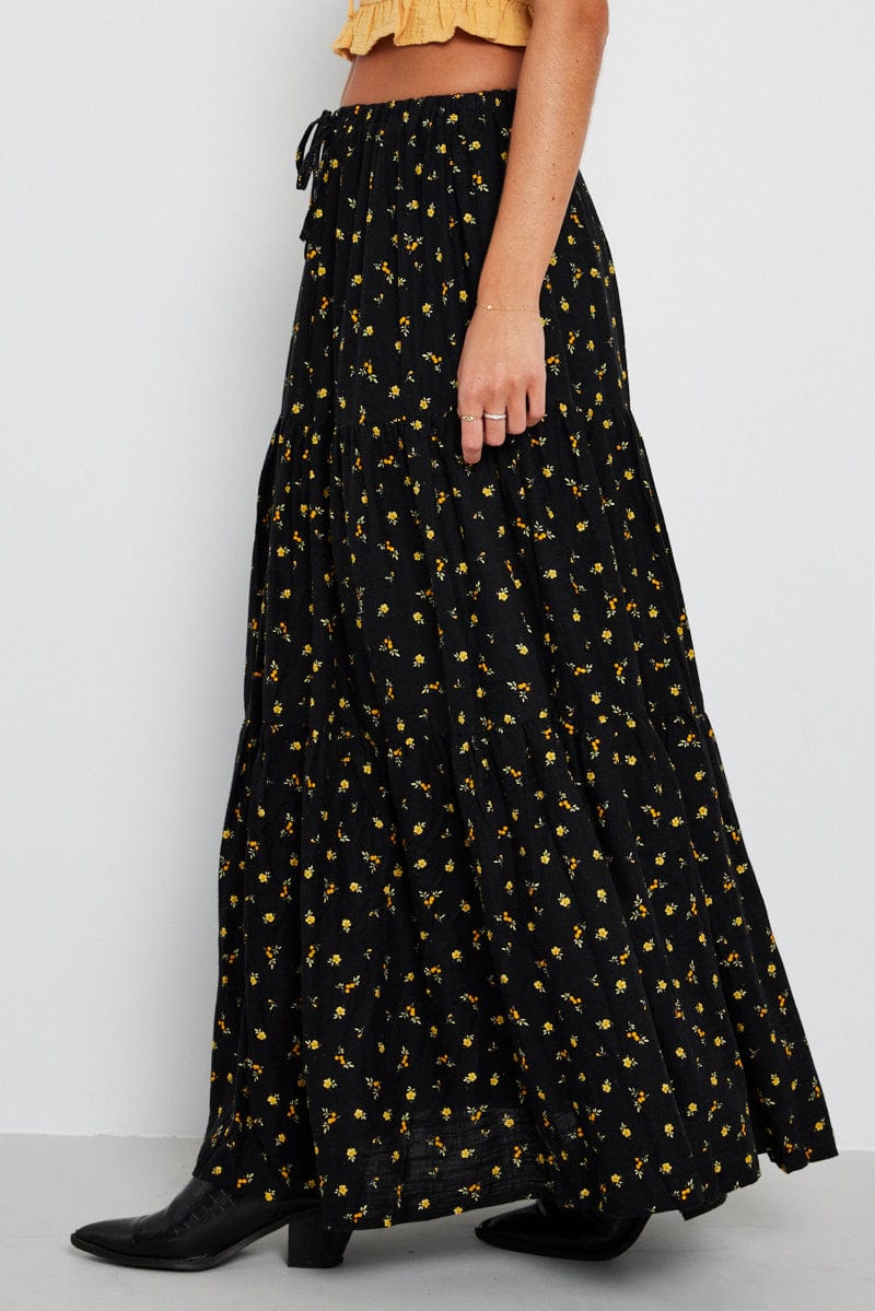 Black Floral Maxi Skirt Elasticated Waist for Ally Fashion