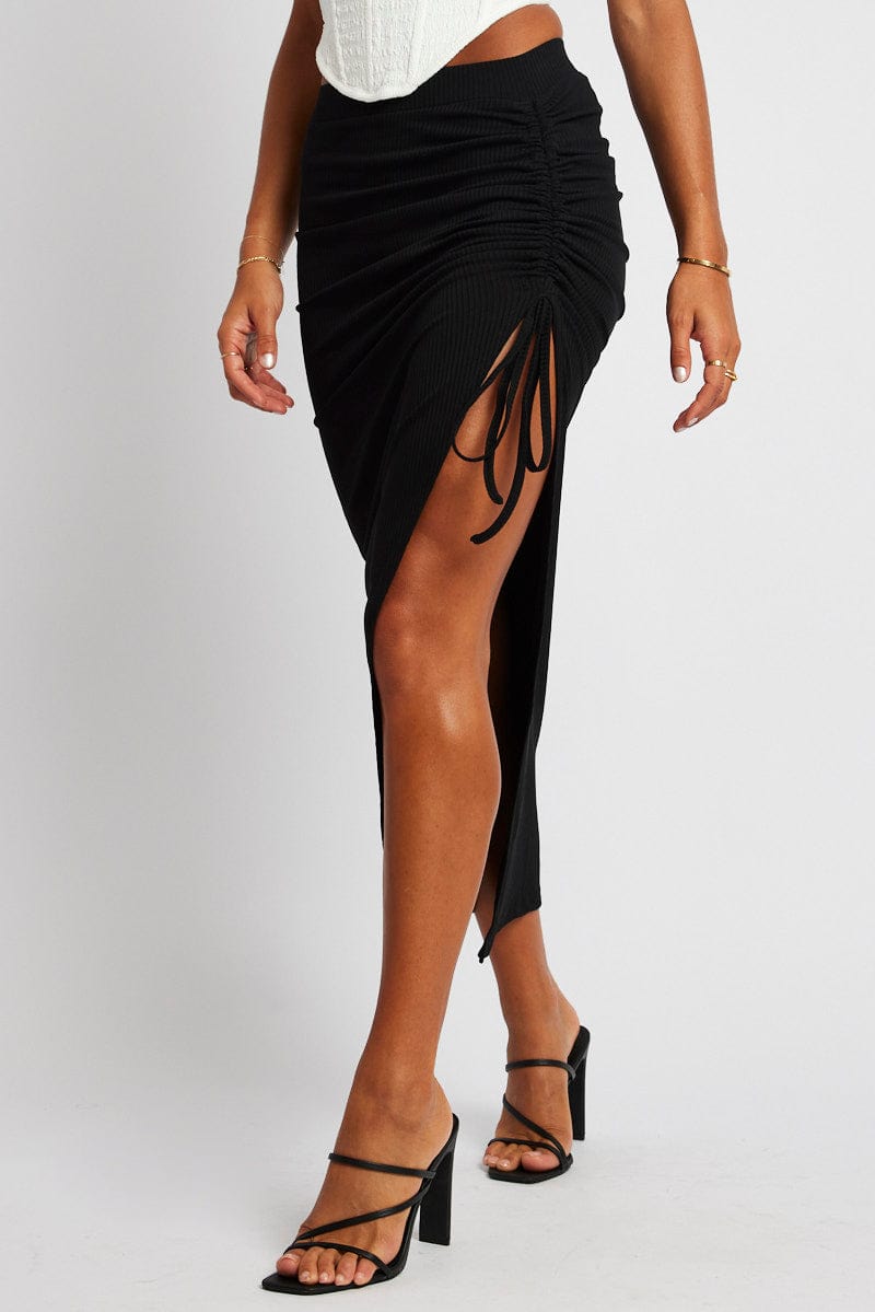 Black Maxi Skirt Side Split Ribbed for Ally Fashion