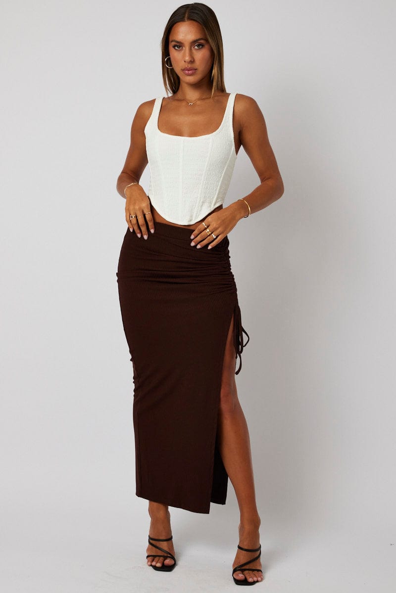 Brown Maxi Skirt Side Split Ribbed for Ally Fashion