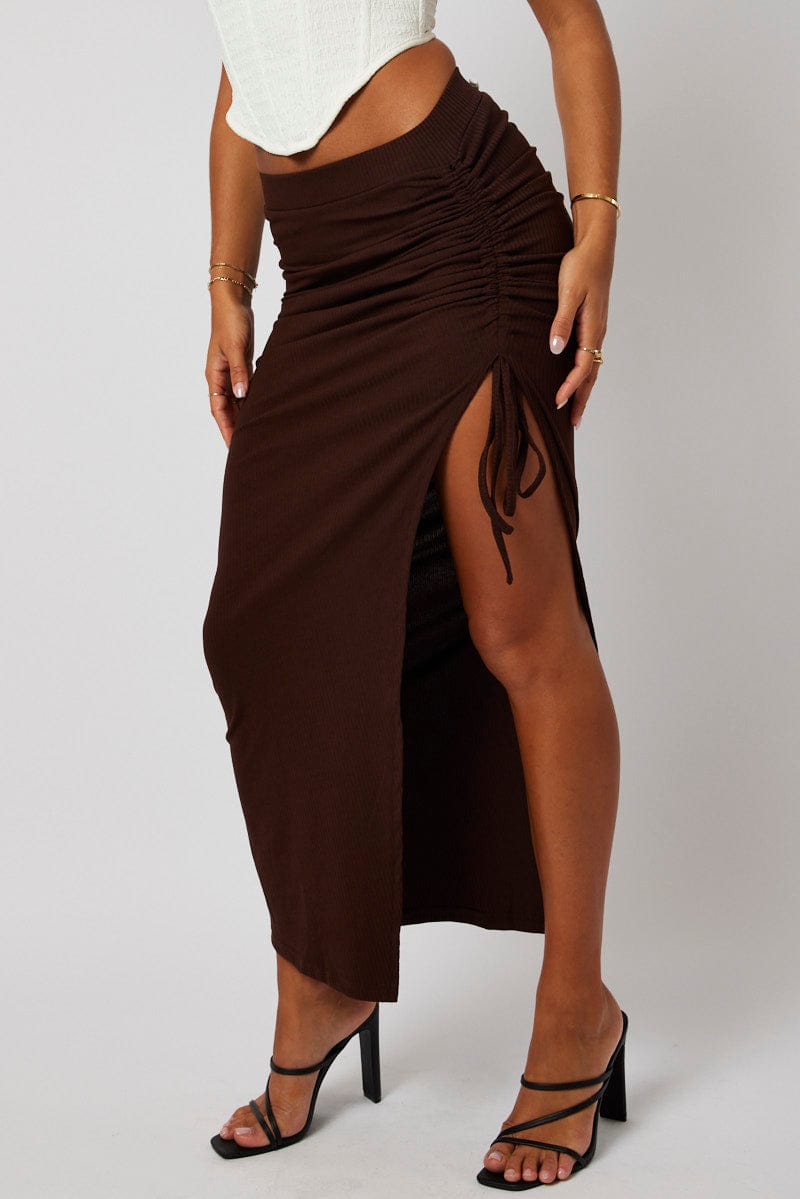 Brown Maxi Skirt Side Split Ribbed for Ally Fashion