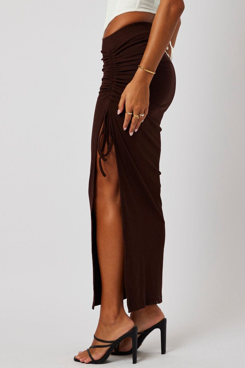 Brown Maxi Skirt Side Split Ribbed for Ally Fashion