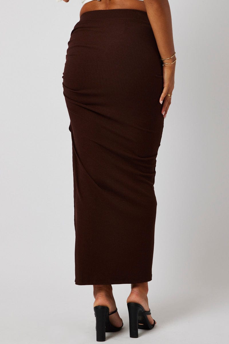 Brown Maxi Skirt Side Split Ribbed for Ally Fashion