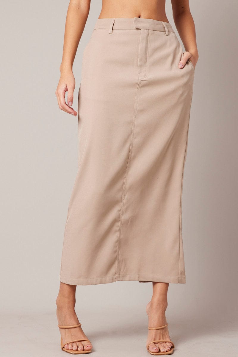 Beige Tailored Maxi Skirt High Rise for Ally Fashion