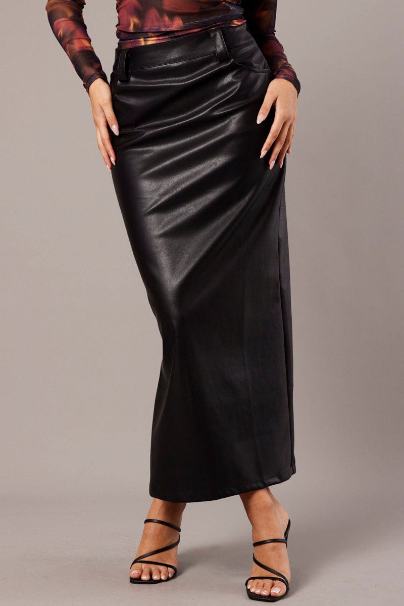 Black Midi Skirt Faux Leather for Ally Fashion