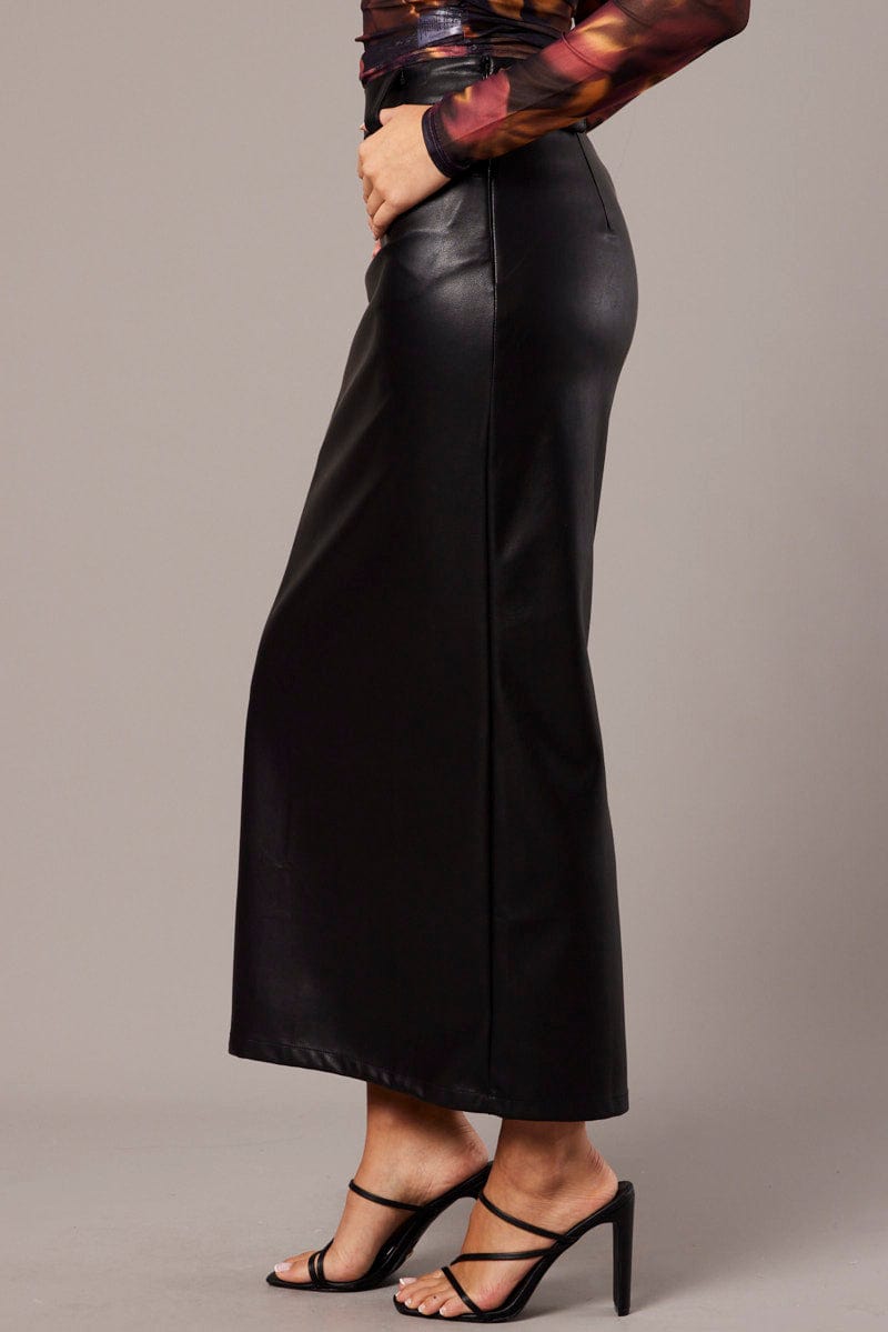 Black Midi Skirt Faux Leather for Ally Fashion