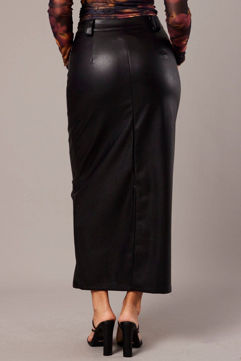 Black Midi Skirt Faux Leather for Ally Fashion