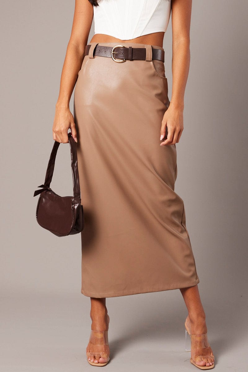 Brown Midi Skirt Faux Leather for Ally Fashion
