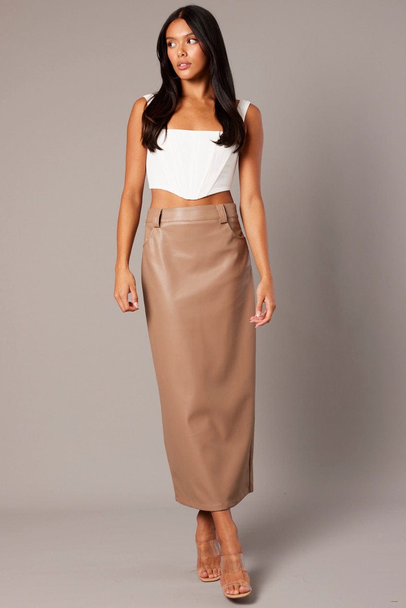 Brown Midi Skirt Faux Leather for Ally Fashion