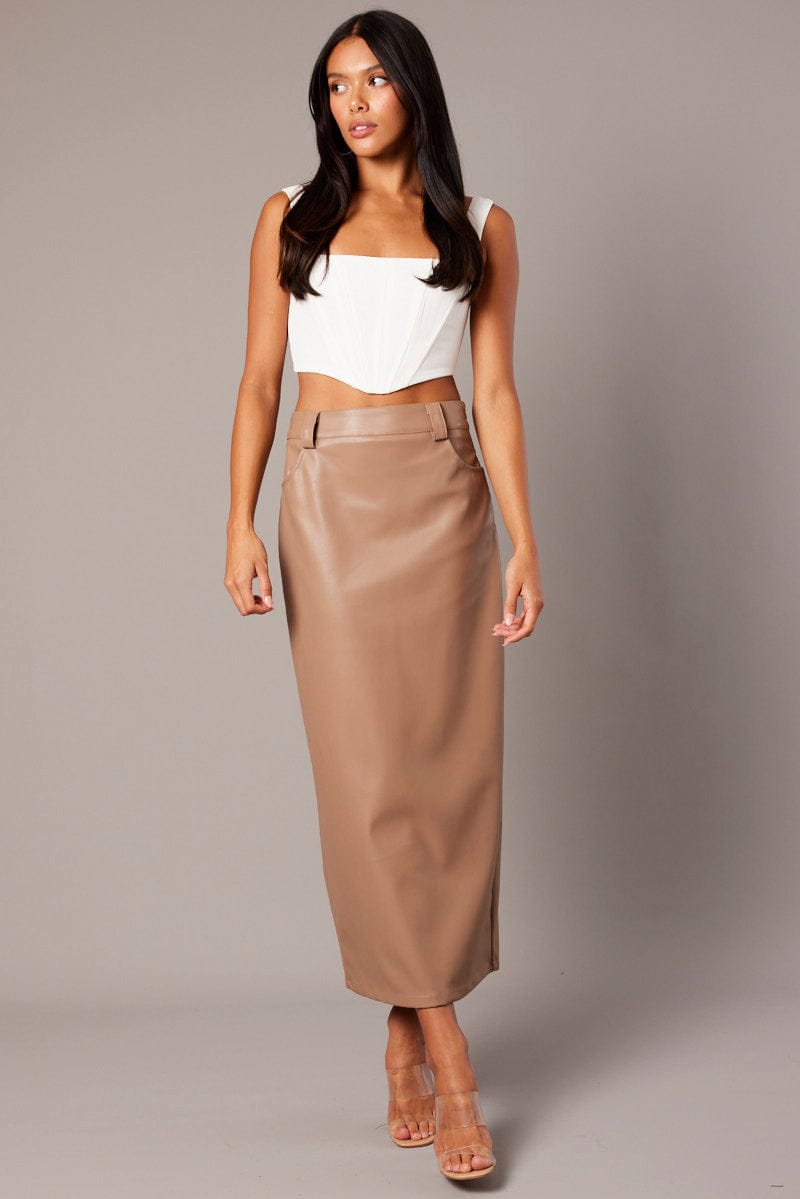 Brown Midi Skirt Faux Leather Ally Fashion