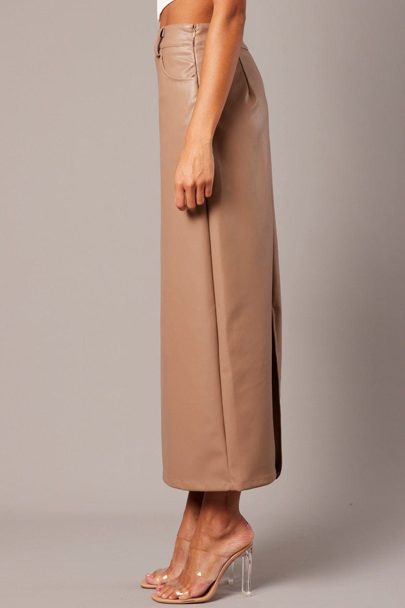 Brown Midi Skirt Faux Leather for Ally Fashion