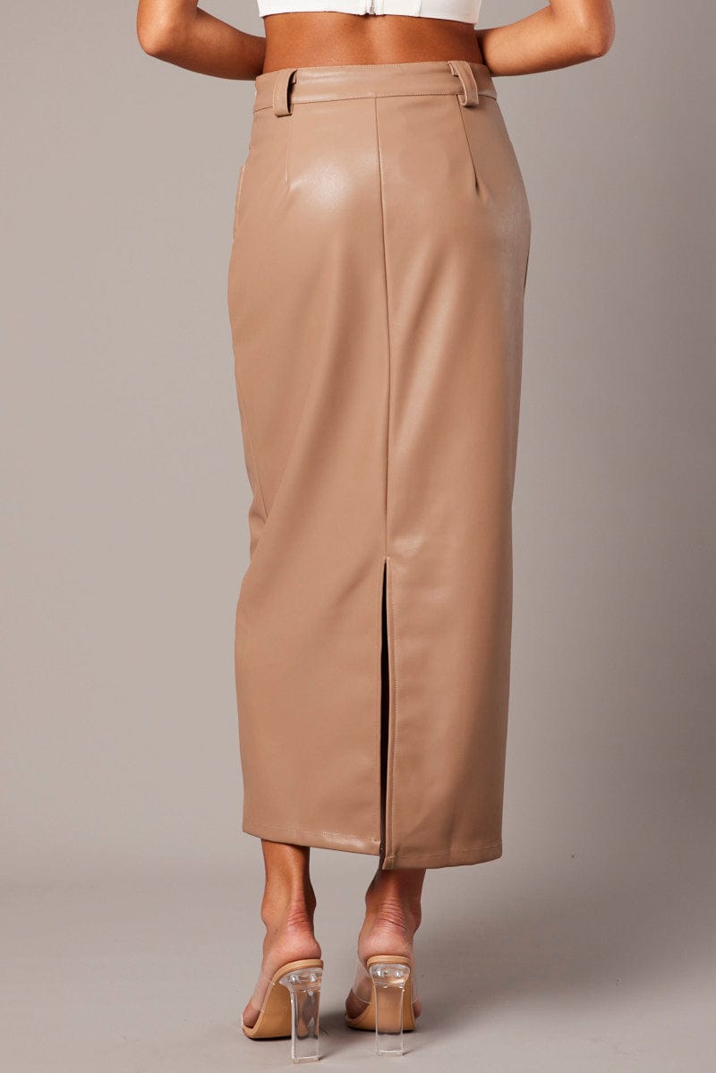 Brown Midi Skirt Faux Leather for Ally Fashion