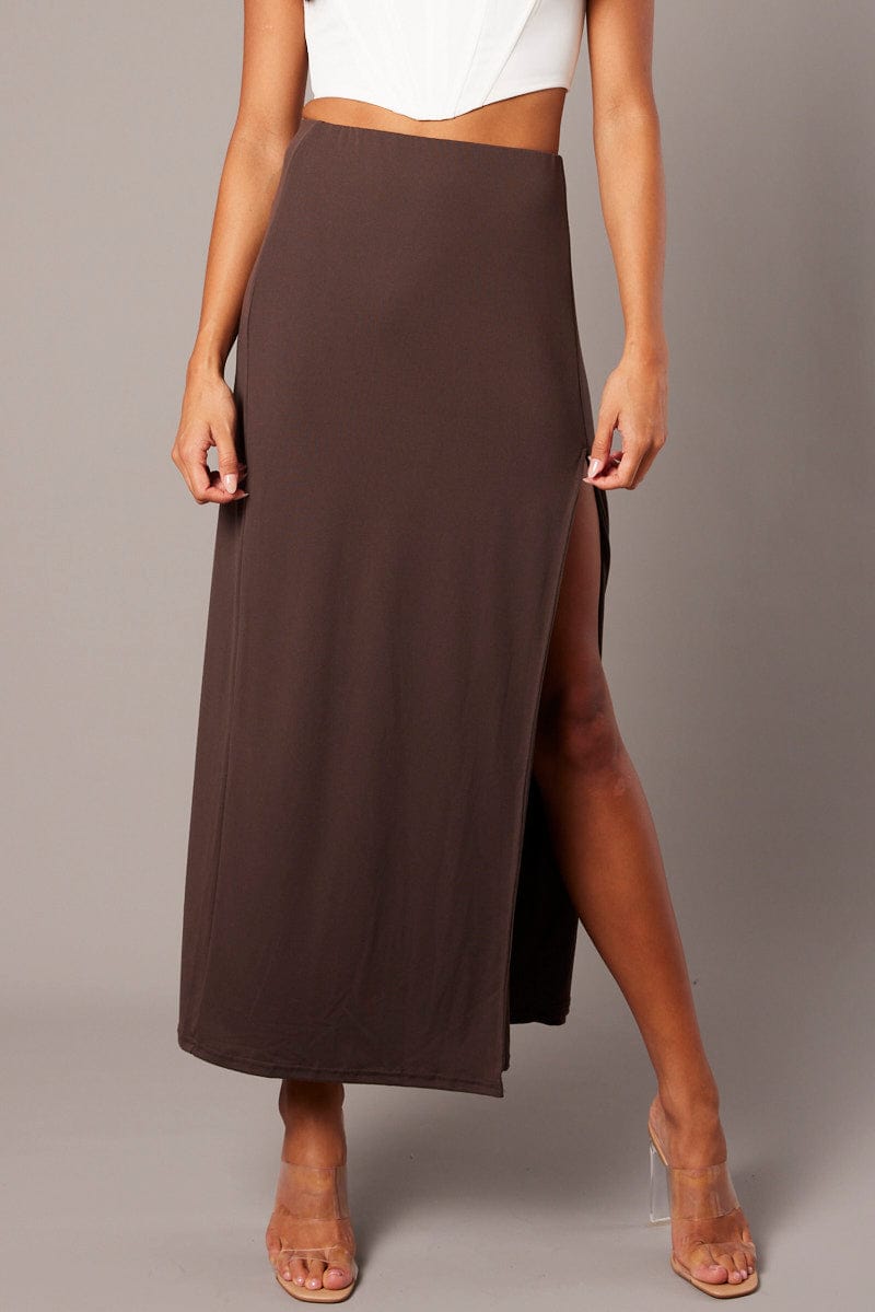 Brown Supersoft Skirt Front Split Double Layer for Ally Fashion