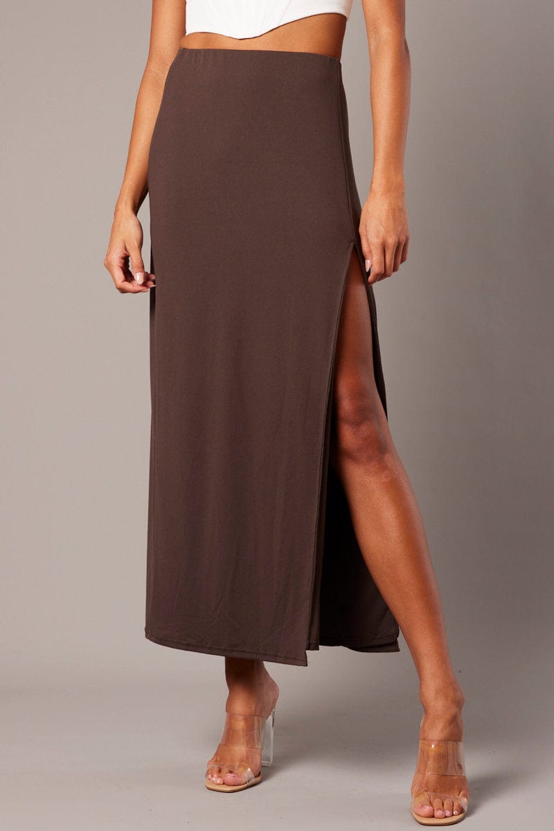 Brown Supersoft Skirt Front Split Double Layer for Ally Fashion