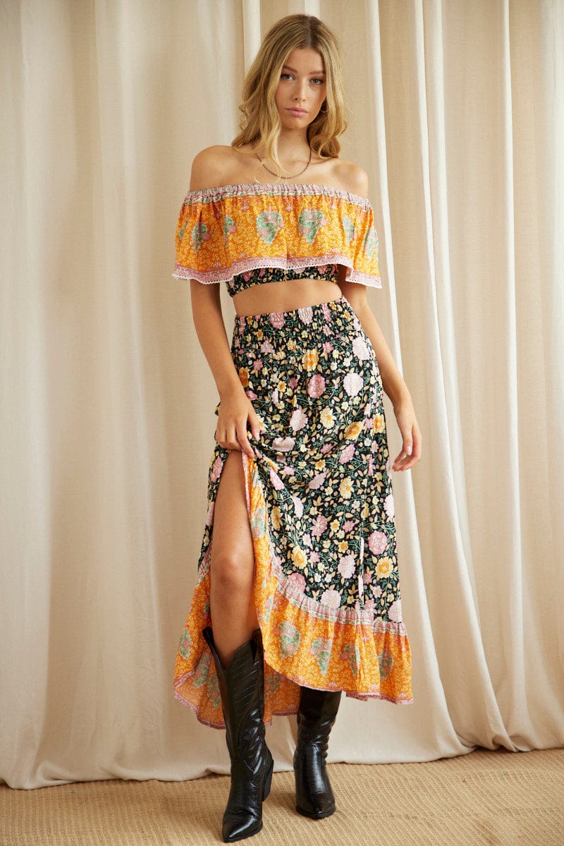 Boho Print High-Low Button Front Midi Skirt for Ally Fashion