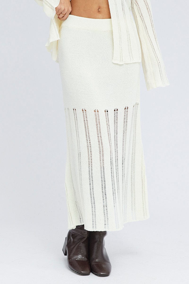 White Midi Skirt High Waisted A-line Ladder Knit for Ally Fashion