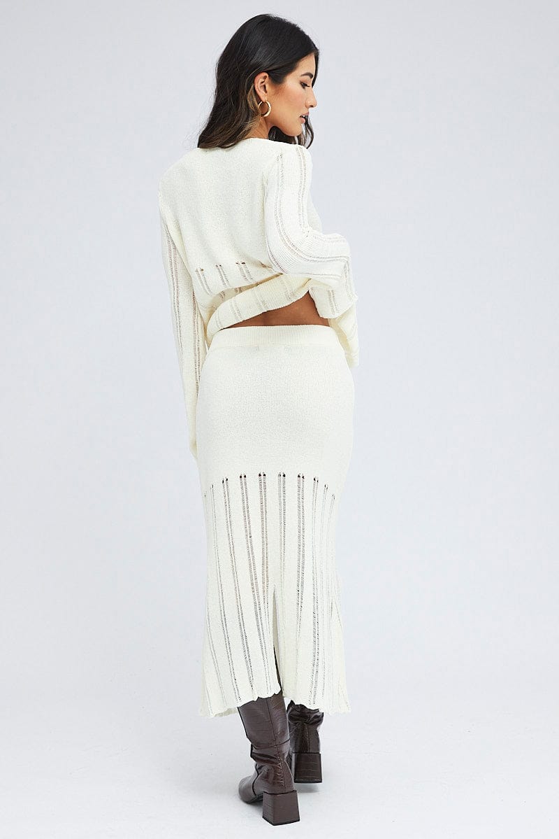 White Midi Skirt High Waisted A line Ladder Knit