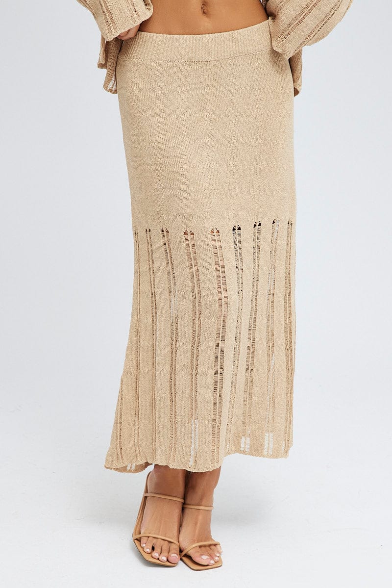 Beige Midi Skirt High Waisted A-line Ladder Knit for Ally Fashion