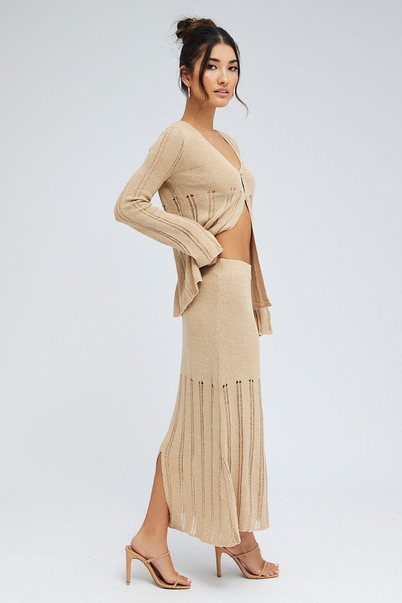 Beige Midi Skirt High Waisted A-line Knit Ally Fashion