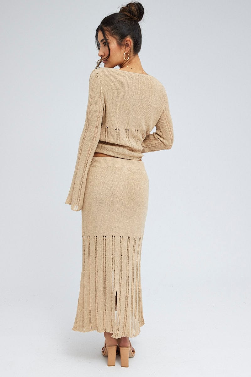 Beige Midi Skirt High Waisted A-line Ladder Knit for Ally Fashion