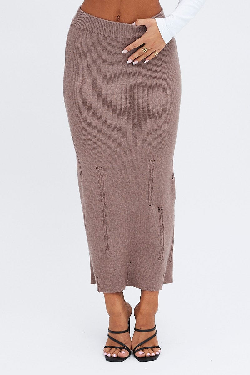 Brown Midi Skirt High Waisted A-line Ladder Knit for Ally Fashion