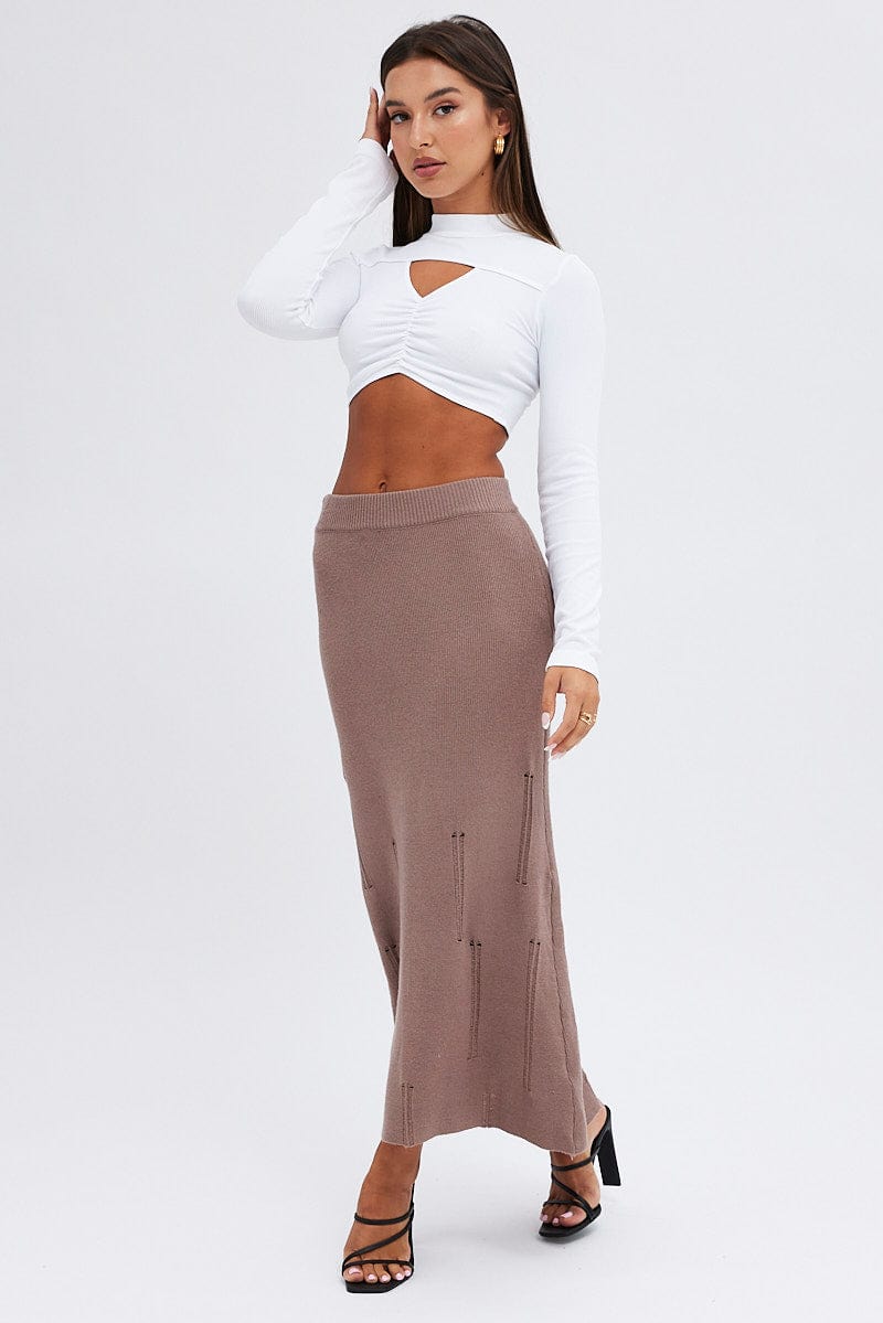 Brown Midi Skirt High Waisted A-line Ladder Knit for Ally Fashion