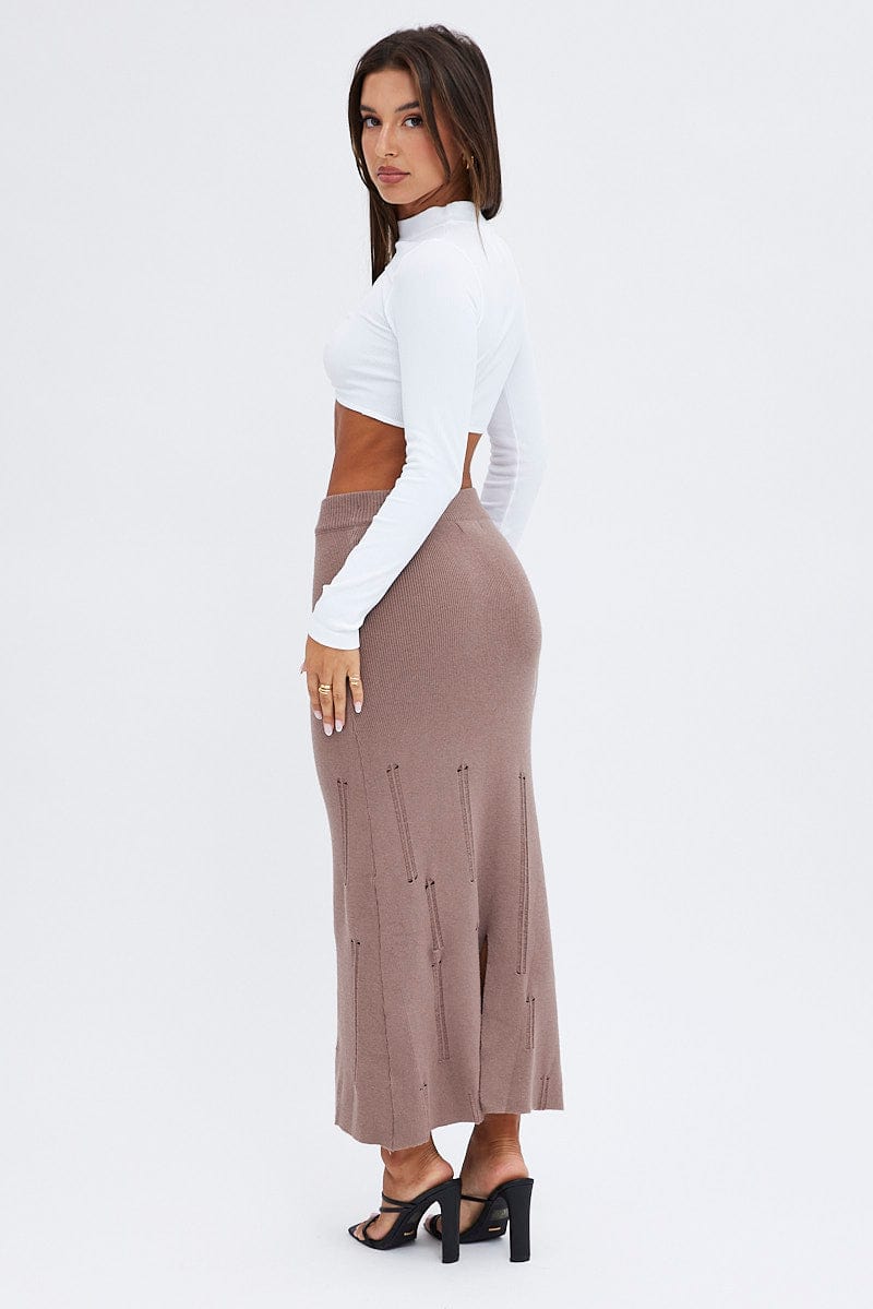 Brown Midi Skirt High Waisted A-line Ladder Knit for Ally Fashion