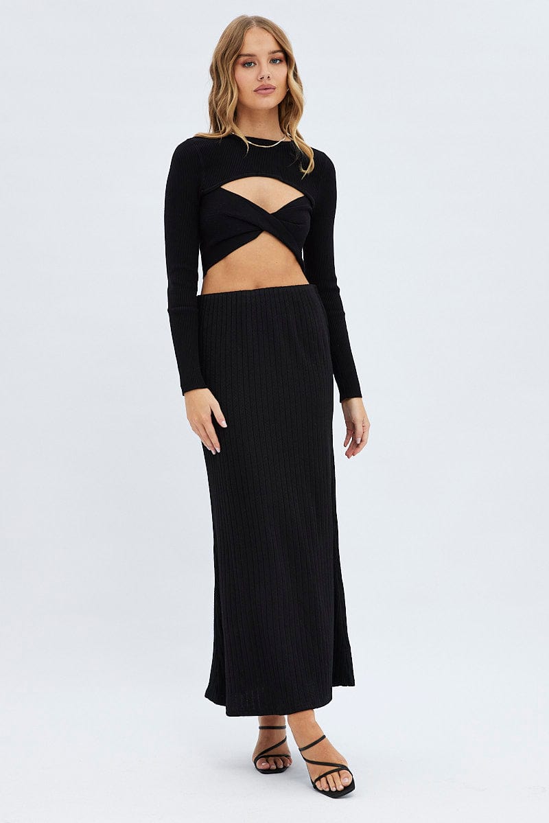 Black Maxi Skirt Mid Rise A-line Rib Jersey for Ally Fashion