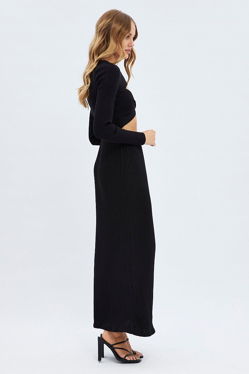 Black Maxi Skirt Mid Rise A-line Rib Jersey for Ally Fashion