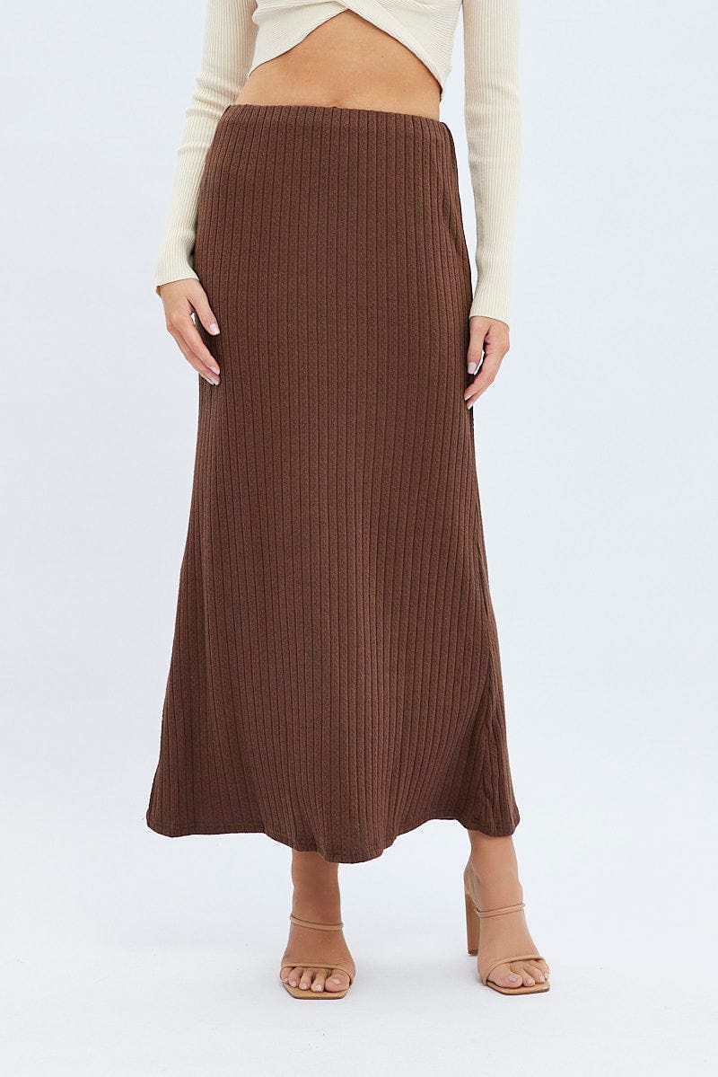 Brown Maxi Skirt Mid Rise A-line Rib Jersey for Ally Fashion