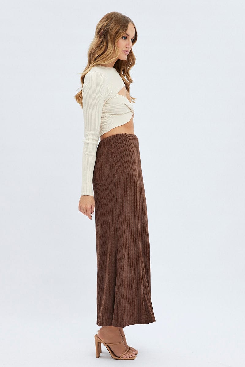 Brown Maxi Skirt Mid Rise A-line Rib Jersey for Ally Fashion