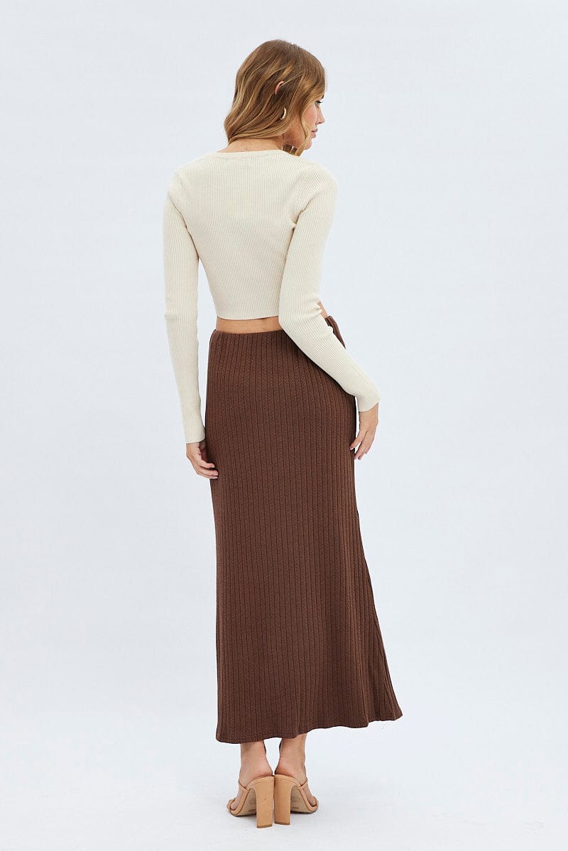 Brown Maxi Skirt Mid Rise A-line Rib Jersey for Ally Fashion