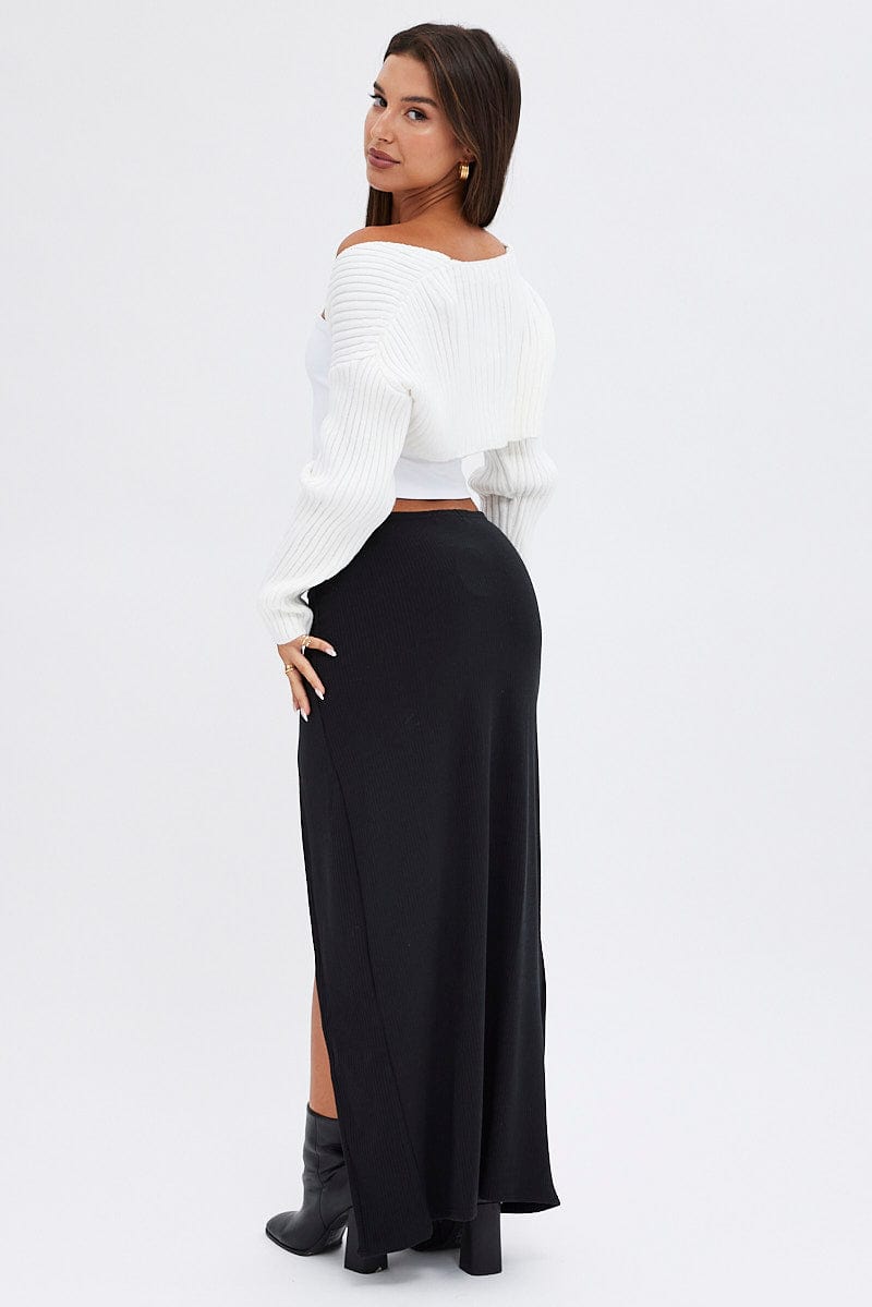 Black Maxi Skirt Mid Rise Split Rib Jersey for Ally Fashion