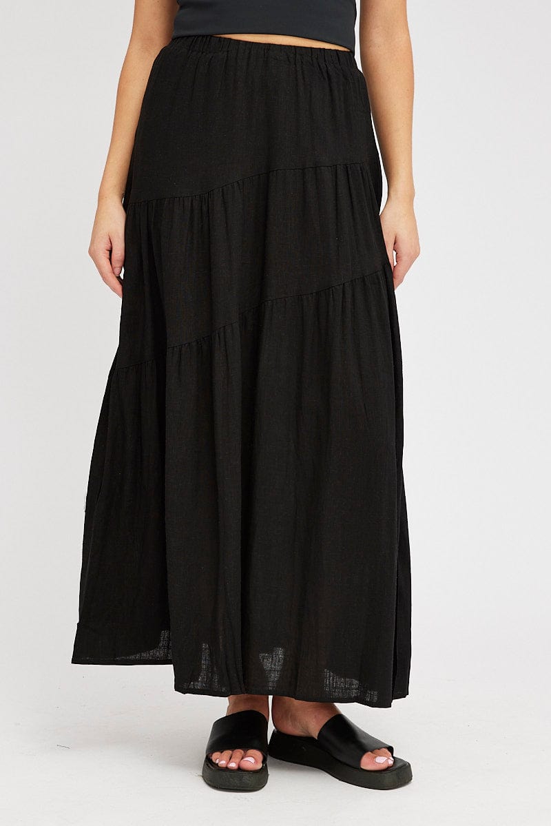 Black Asymmetric Tiered Maxi Skirt for Ally Fashion