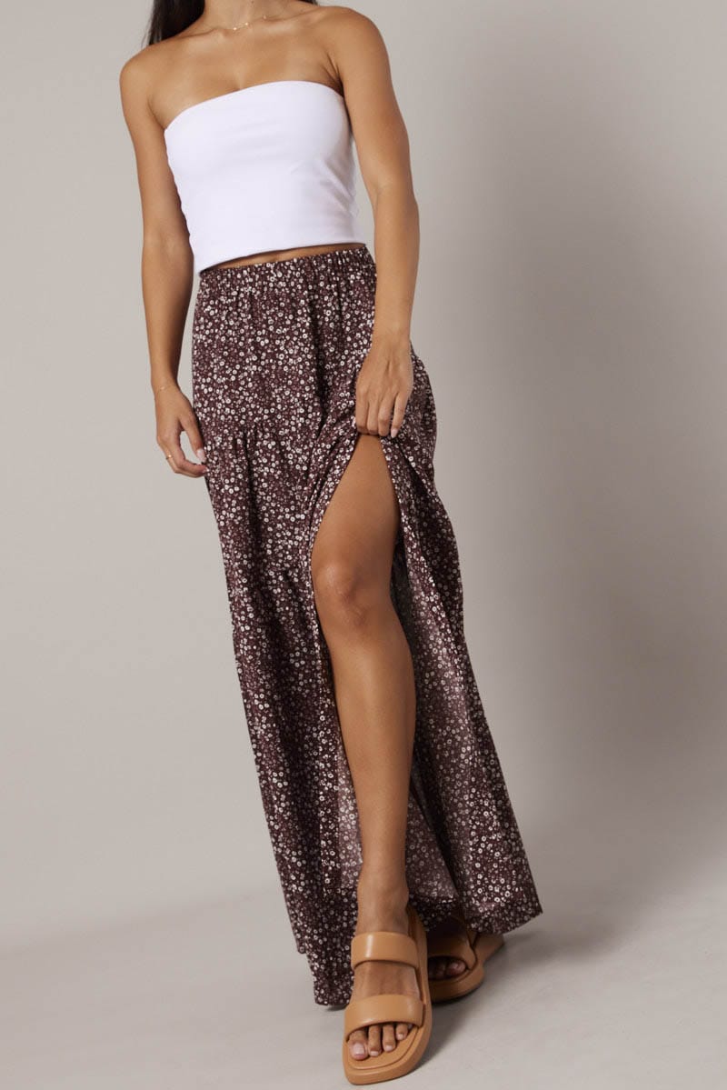 Brown Ditsy Maxi Skirt High Rise Tiered for Ally Fashion