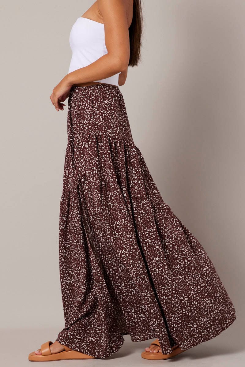 Brown Ditsy Maxi Skirt High Rise Tiered for Ally Fashion