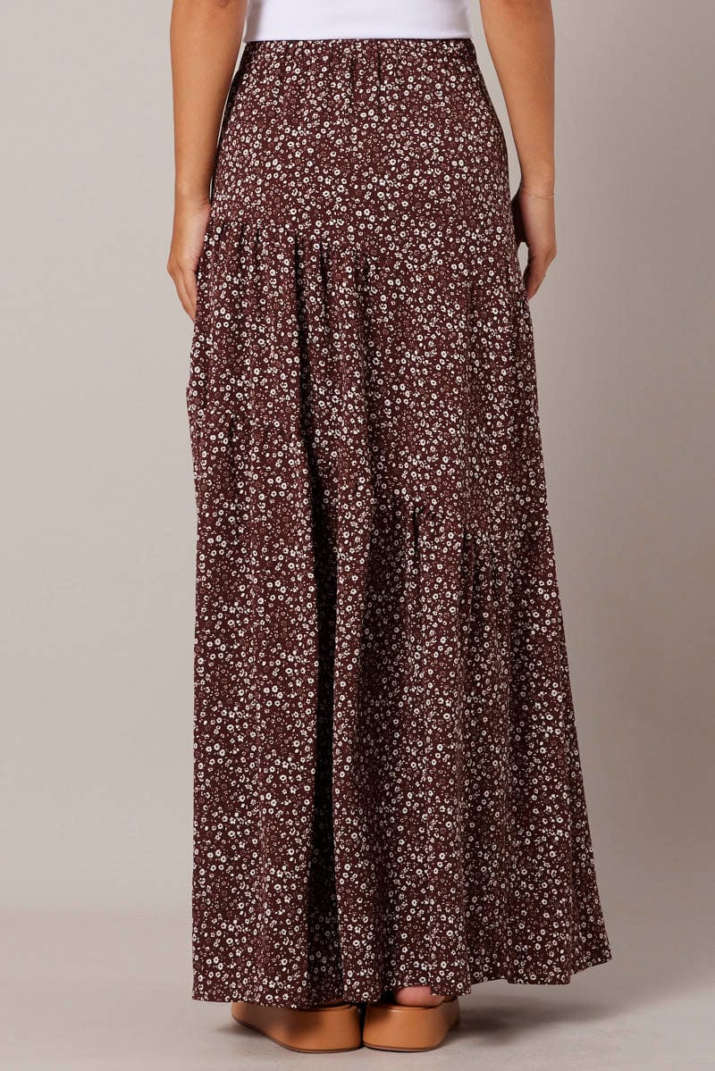 Brown Ditsy Maxi Skirt High Rise Tiered for Ally Fashion
