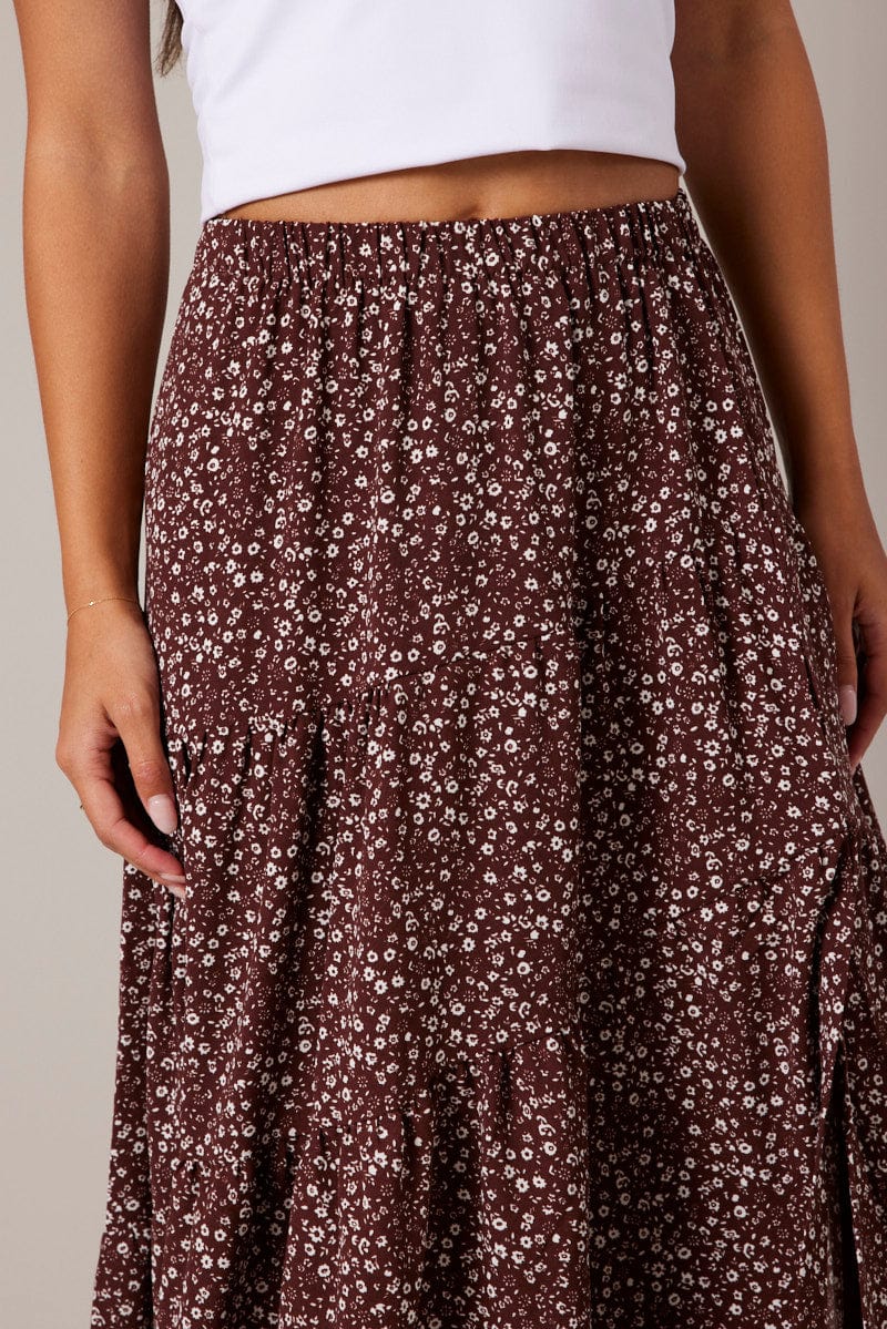 Brown Ditsy Maxi Skirt High Rise Tiered for Ally Fashion