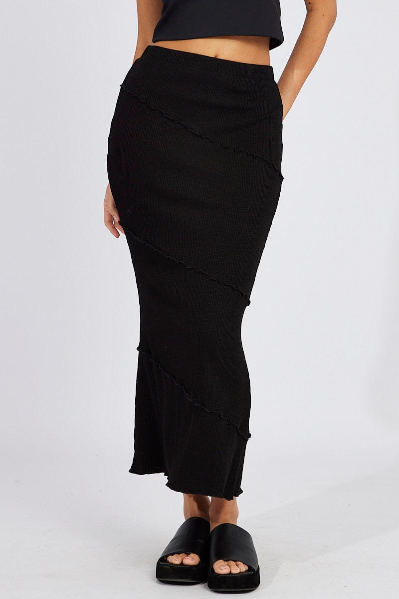 Black Midi Skirt Bodycon High Rise Rib Jersey for Ally Fashion