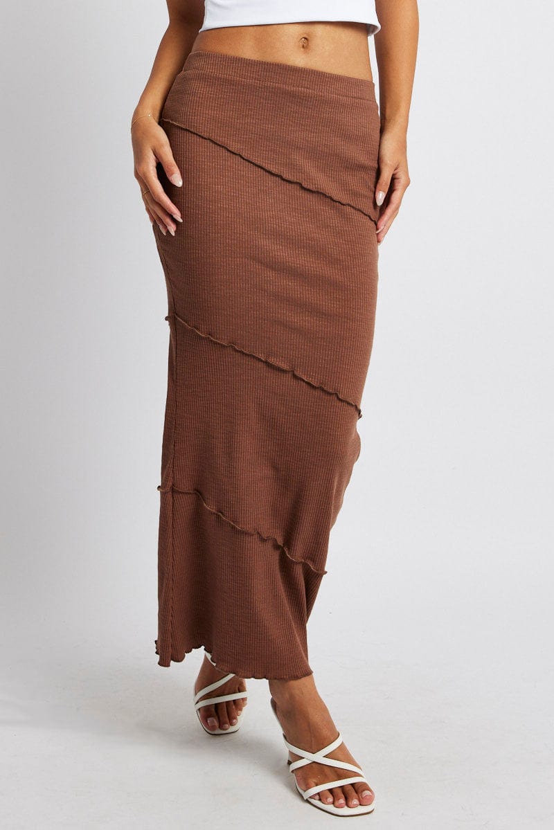 Brown Midi Skirt Bodycon High Rise Rib Jersey for Ally Fashion