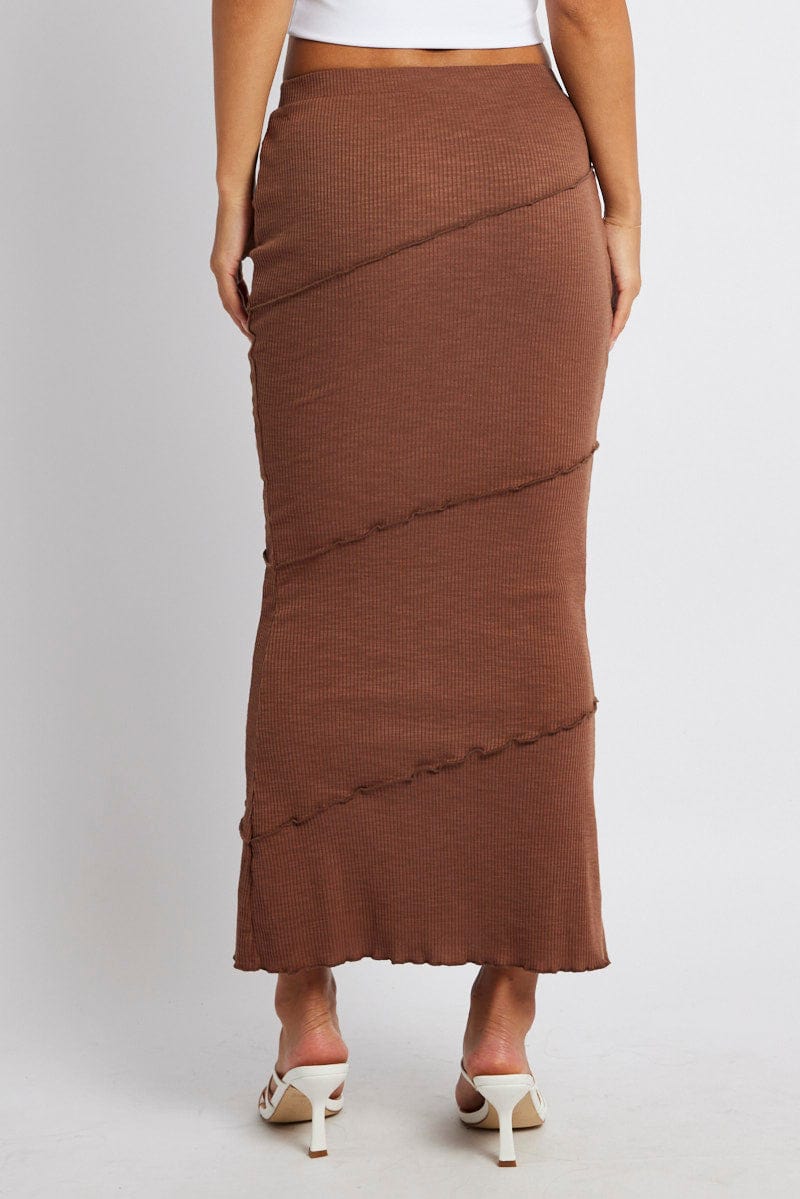 Brown Midi Skirt Bodycon High Rise Rib Jersey for Ally Fashion