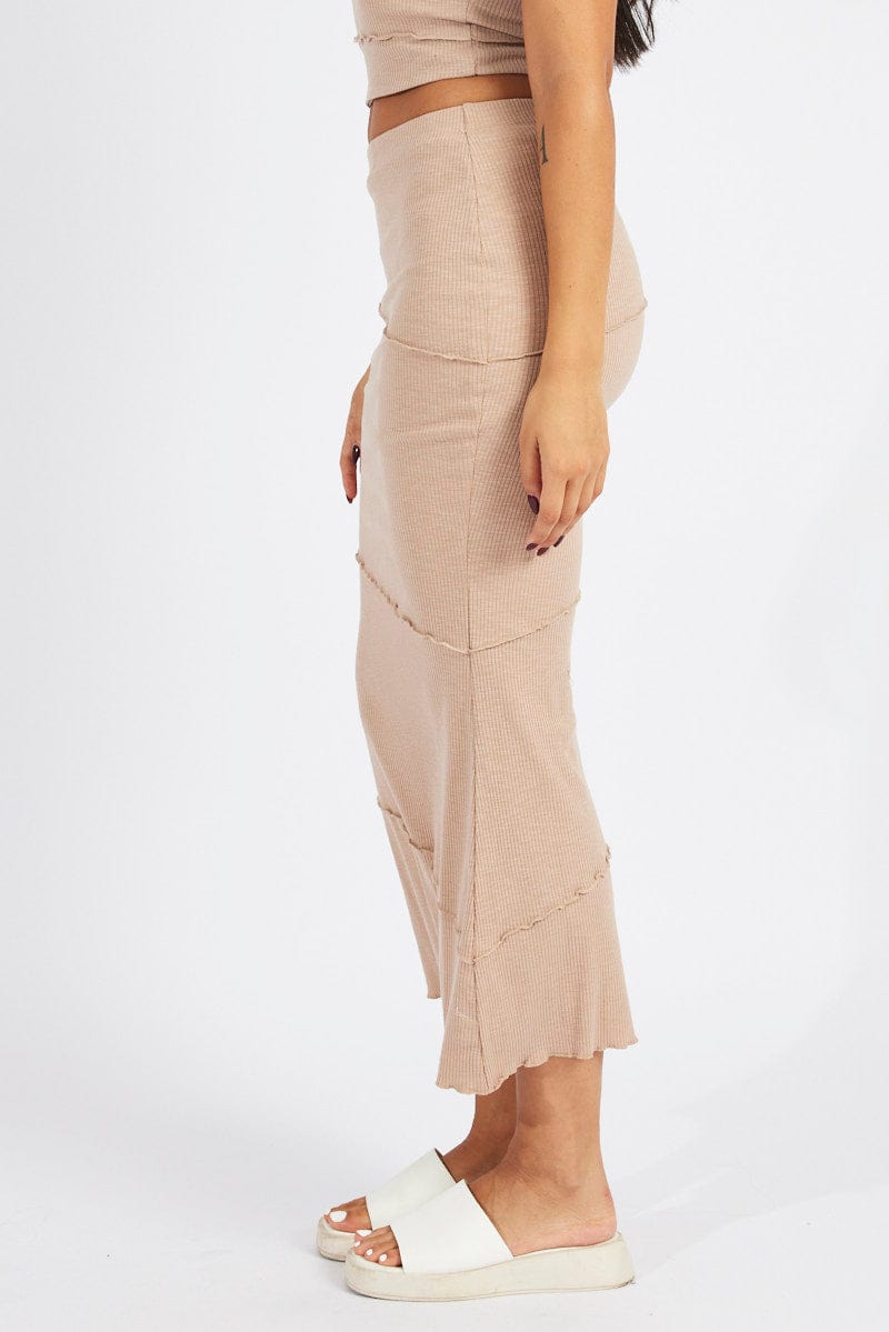 Beige Midi Skirt Bodycon High Rise Rib Jersey for Ally Fashion
