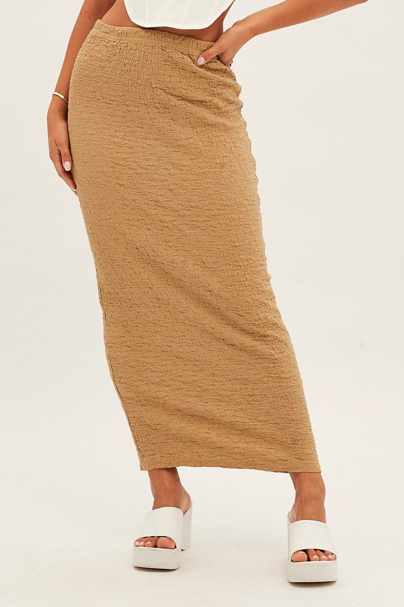 Beige Midi Skirt Elastic Waist Textured for Ally Fashion