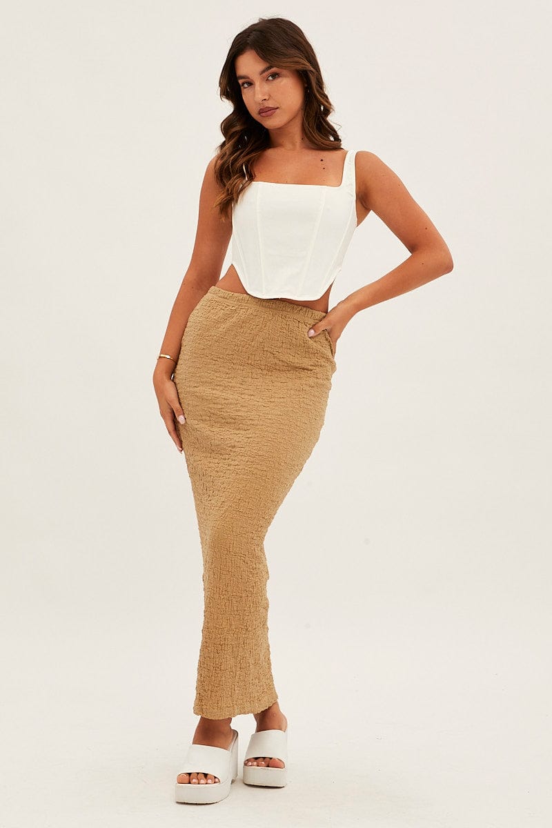 Beige Midi Skirt Elastic Waist Textured for Ally Fashion