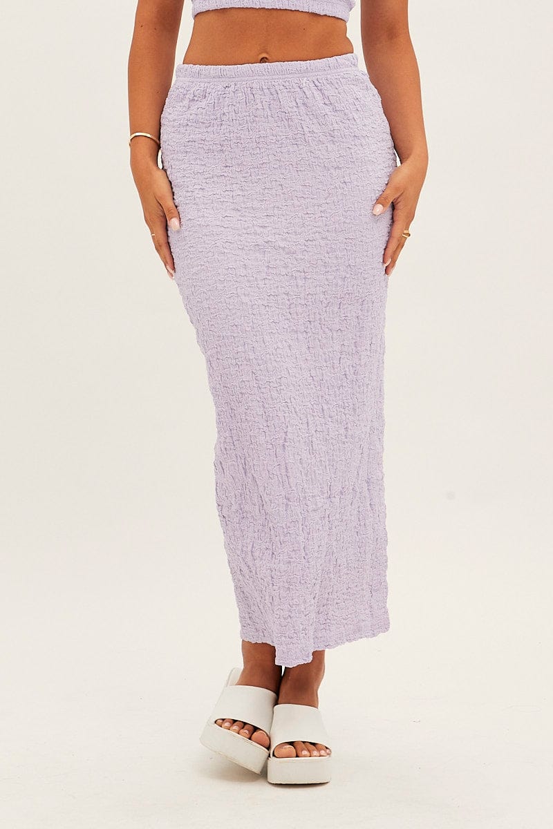 Purple Midi Skirt Elastic Waist Textured for Ally Fashion