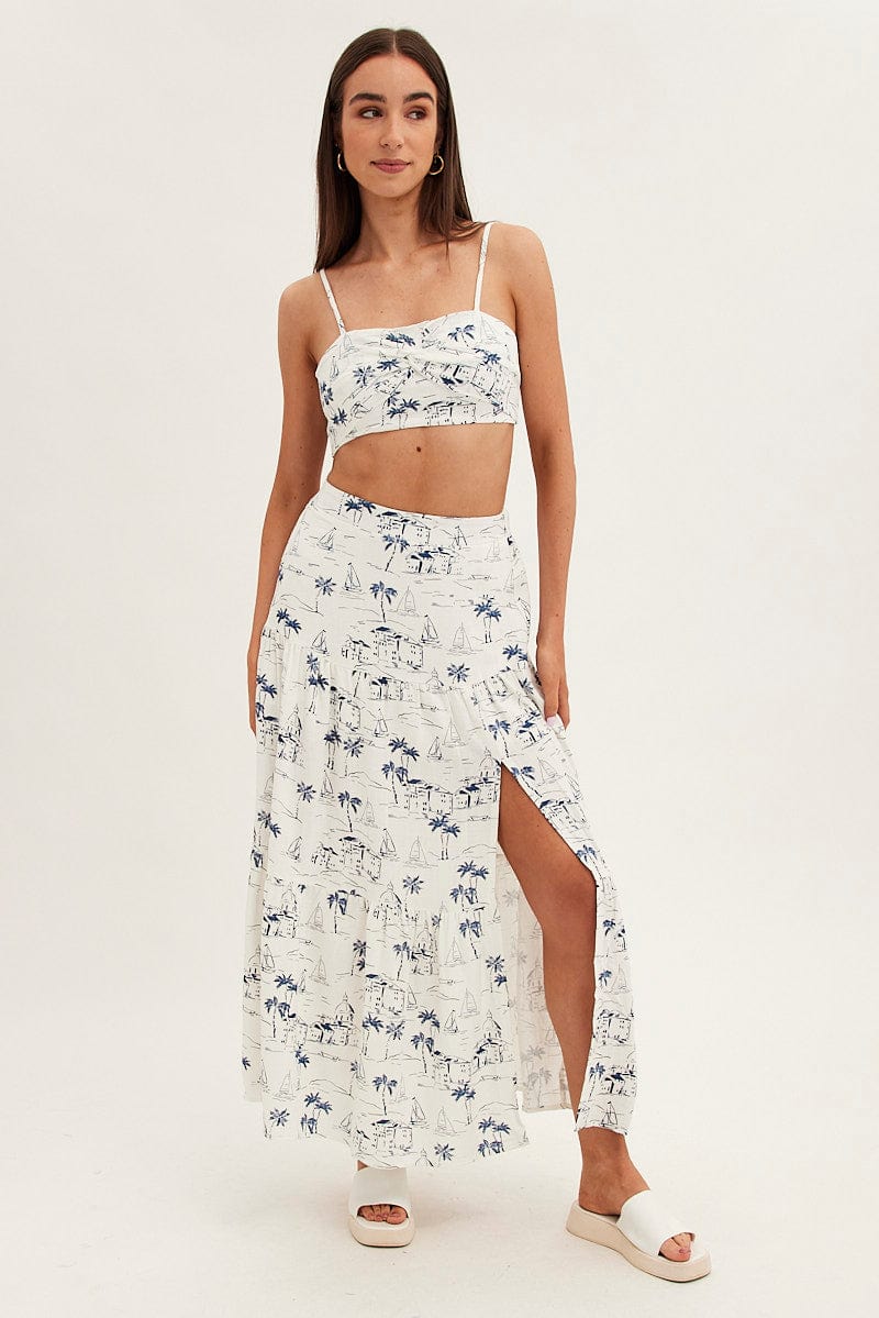 Blue Abstract Maxi Skirt High Waist Split Tiered Printed for Ally Fashion