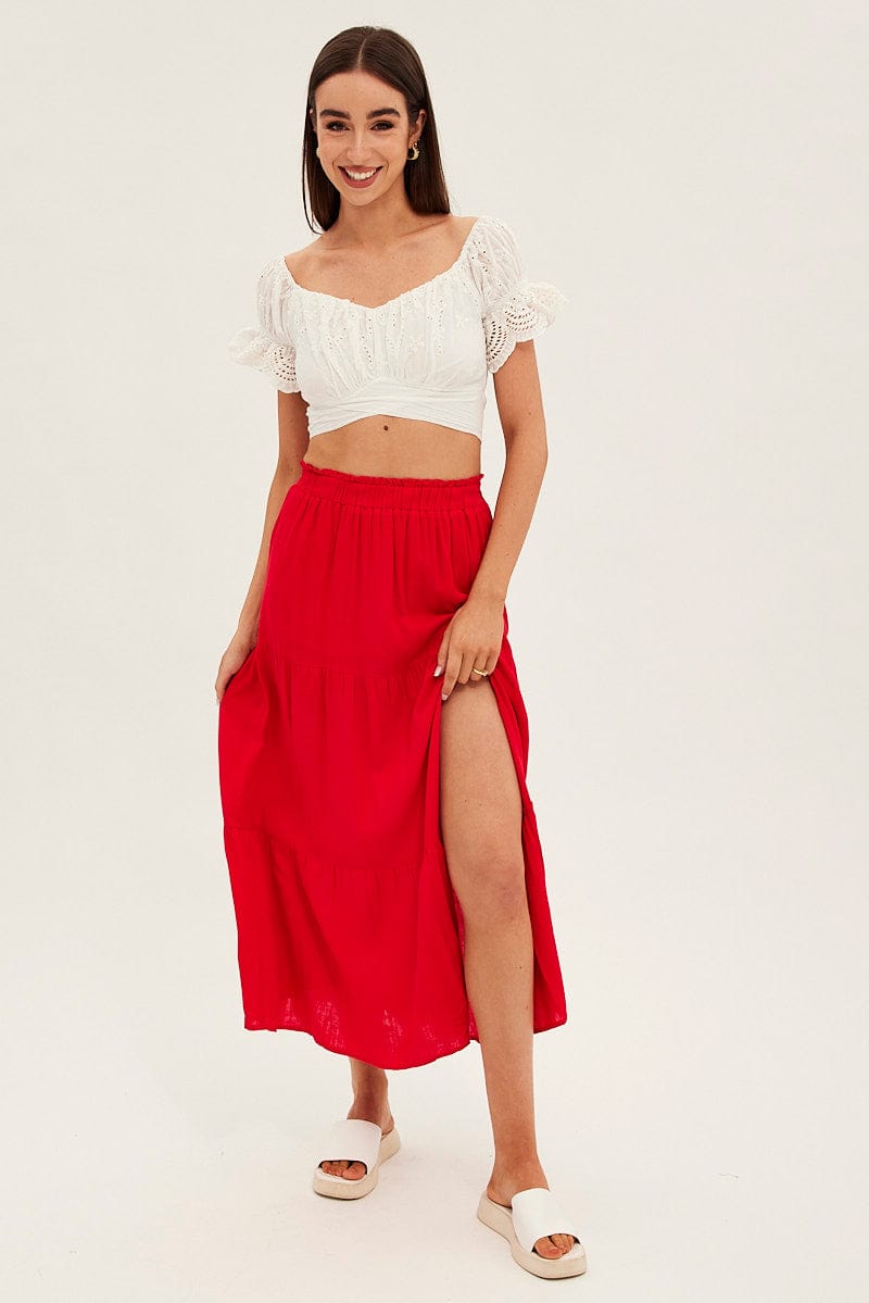 Red Maxi Skirt High Waist Split Tiered for Ally Fashion